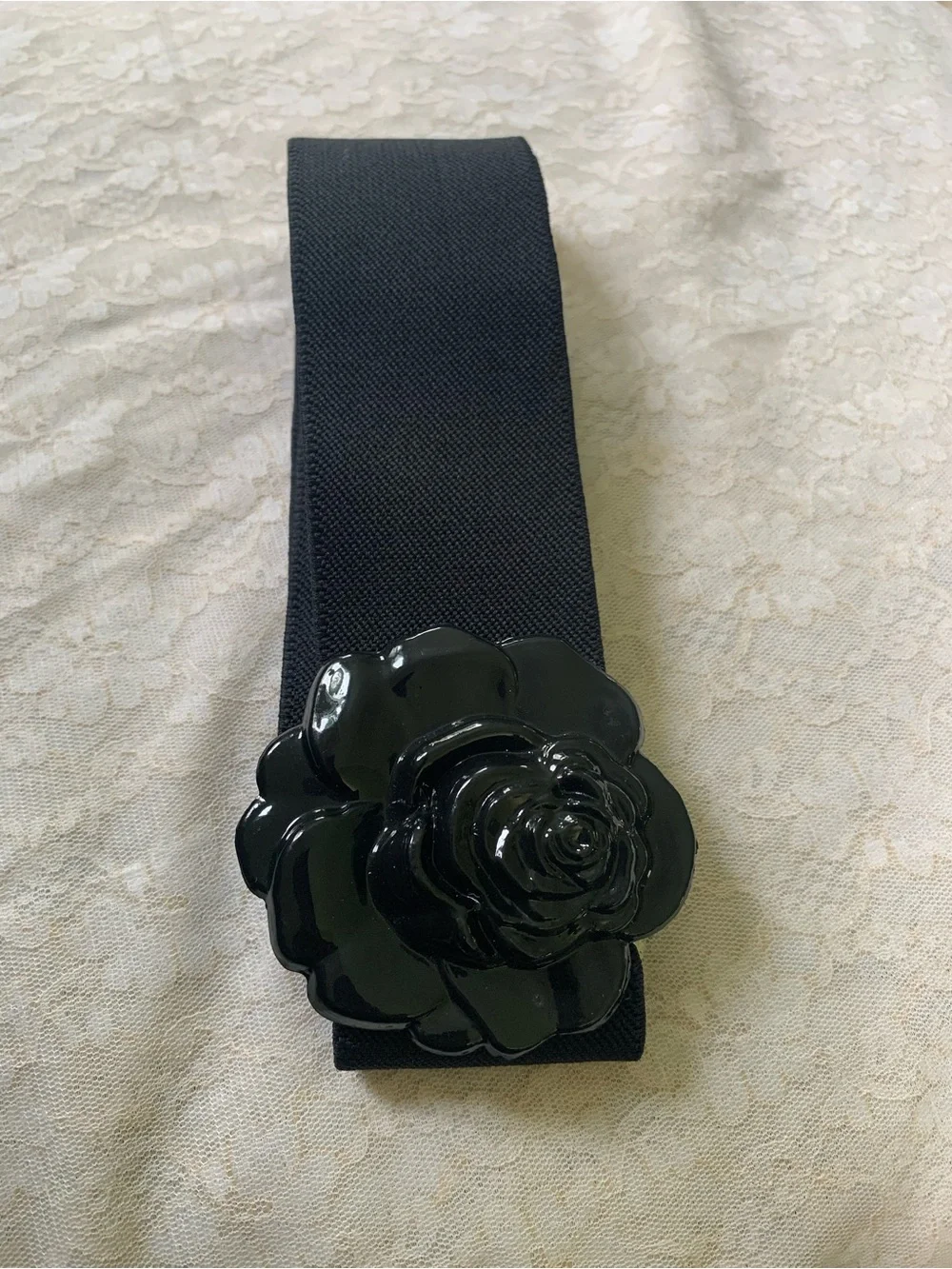 Women’s Black Rose Flower Elastic Stretch Belt | Retro Wide Dress Cinch Band